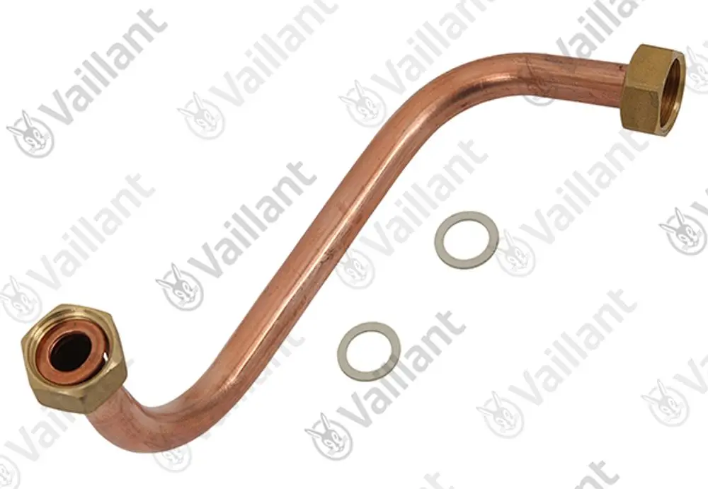 Kupferrohr mit zwei Anschlussgewinden und Gummidichtungen, hergestellt von Vaillant. Das Rohr ist gebogen und für Wasseranwendungen konzipiert.